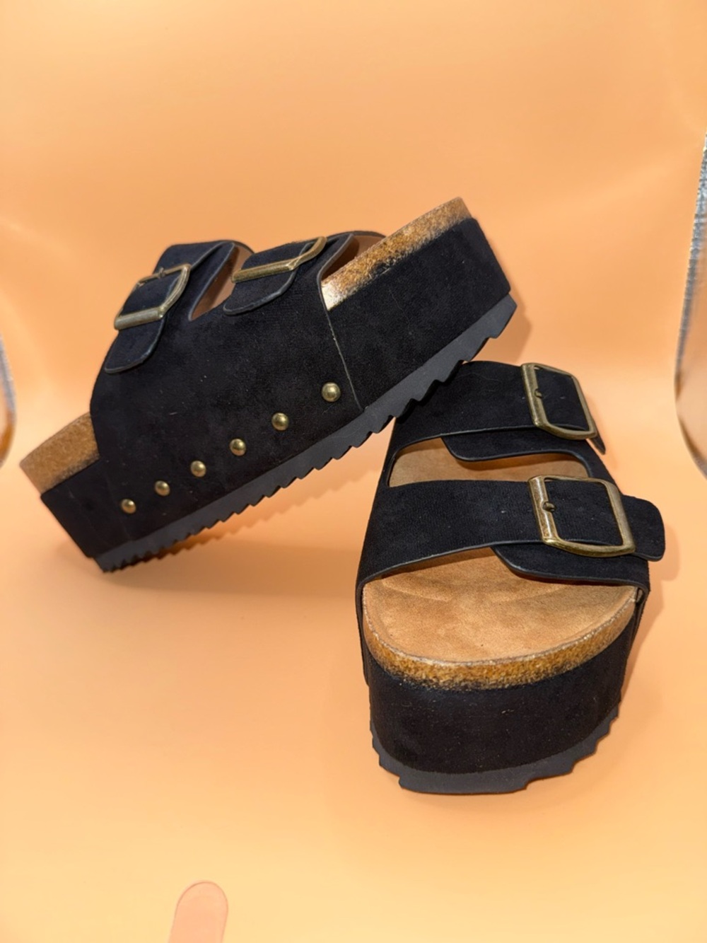 Hey Girl by Corkys Platform Sandals Black Double Buckle Size 7 Boho vibes